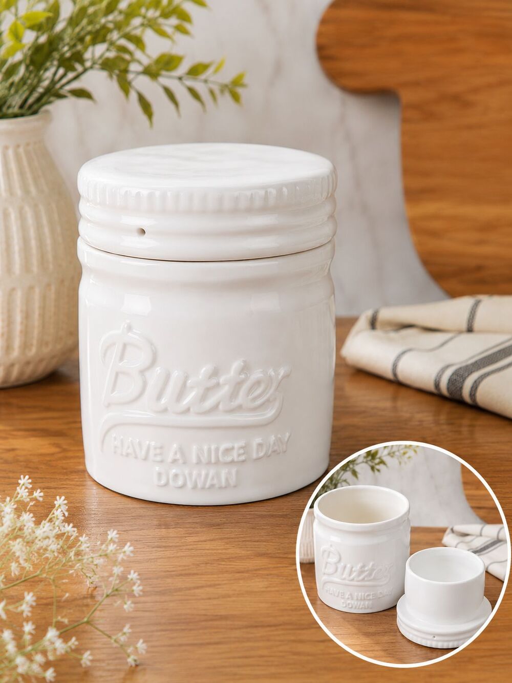Butter Bell Ceramic Butter Crock Keeper White Embossed Dowan w/ Lid Kitchen Deco